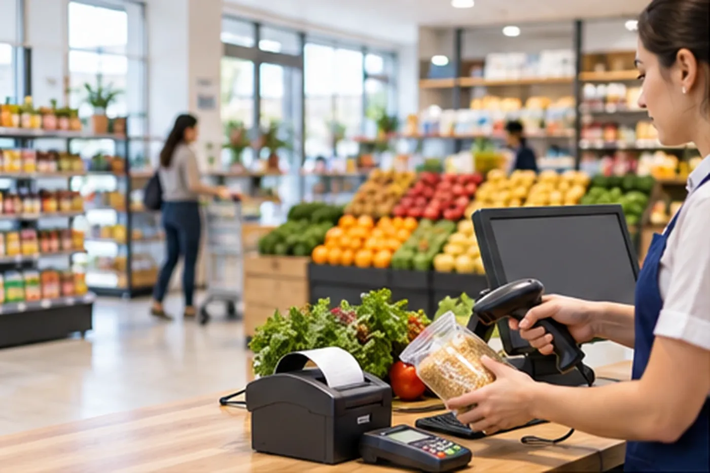 Market kasasında barkod okuyucuyla ürün okutan kasiyer