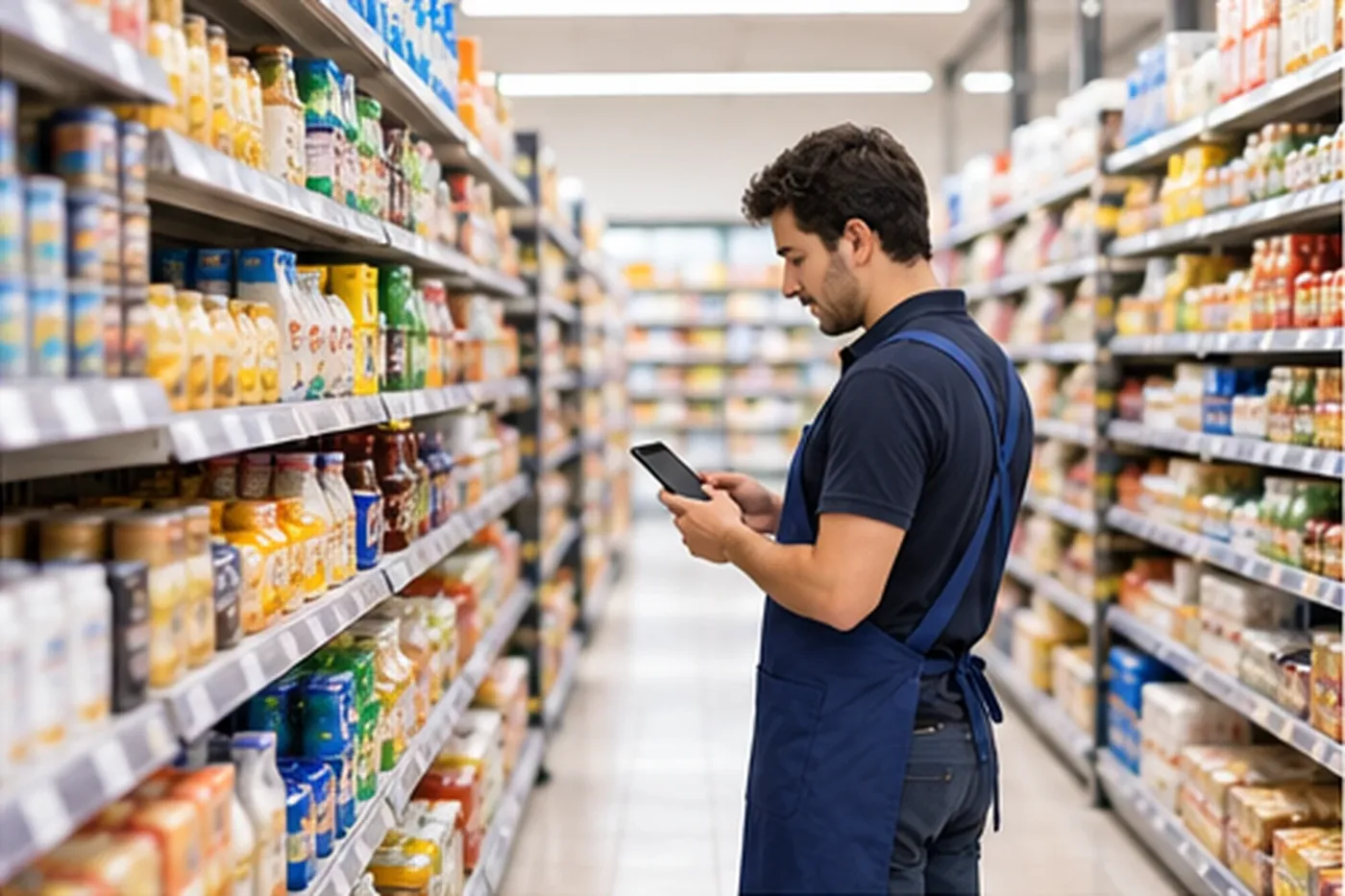 Market reyonunda tabletle stok kontrol eden çalışan
